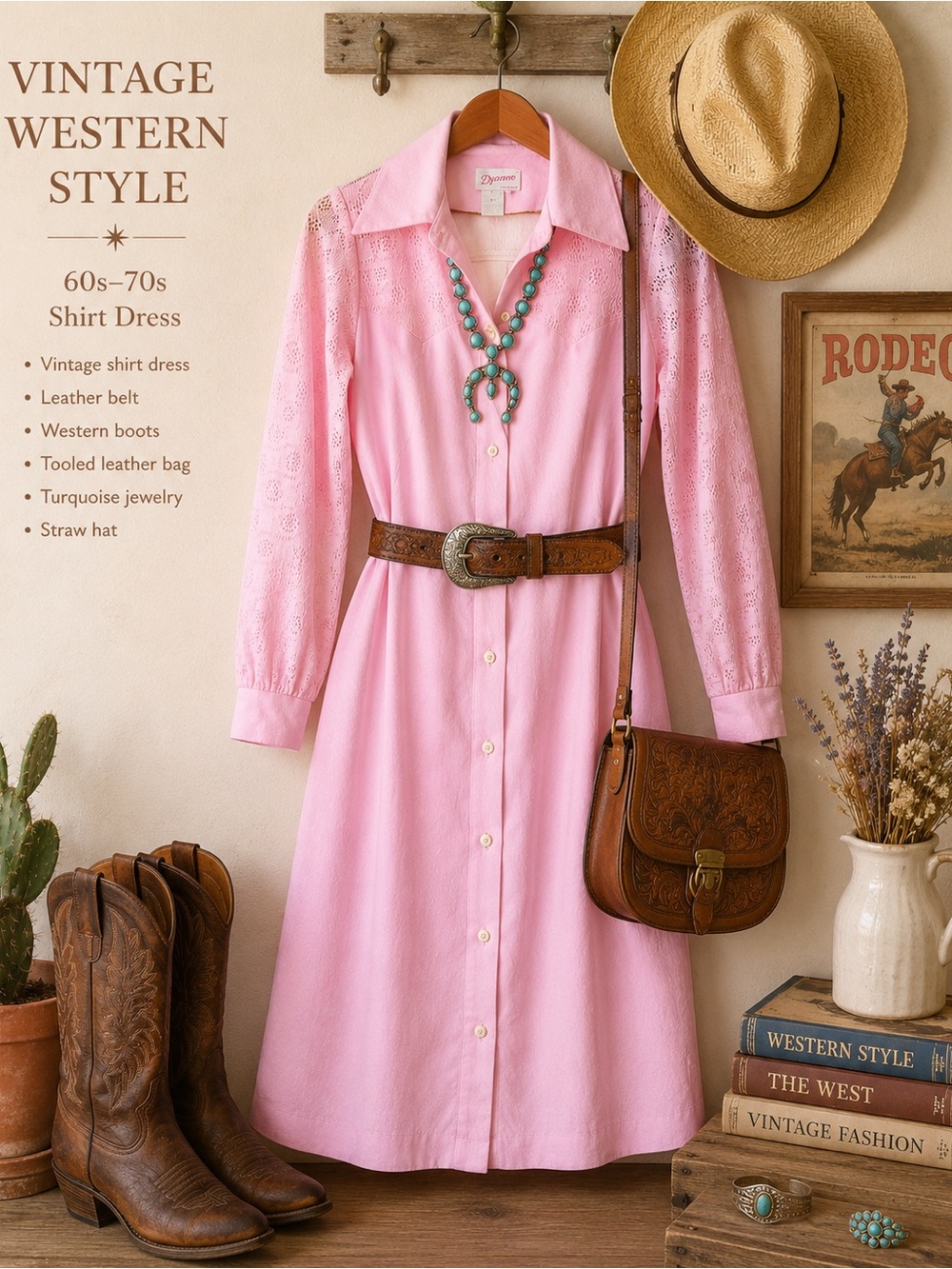 1960 - 70’s Vintage Women's Pink Button-Front Lace Sleeve Dress by Dyanne Dallas - Picture 2 of 7